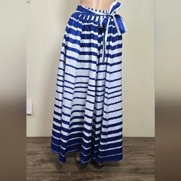 NF Striped 100% Cotton Box Pleated Maxi Skirt Blue/ White One Size Whit Pockets - Picture 8 of 16